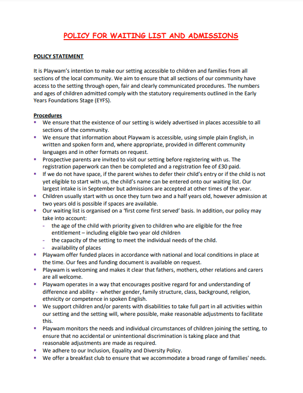 Policy for Admissions