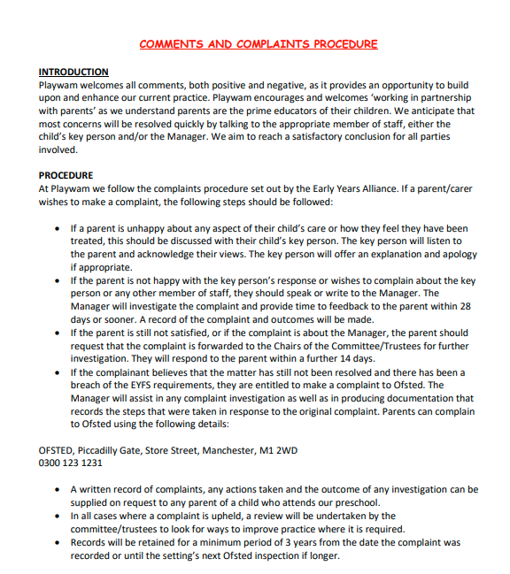 Procedure for Comments and Complaints
